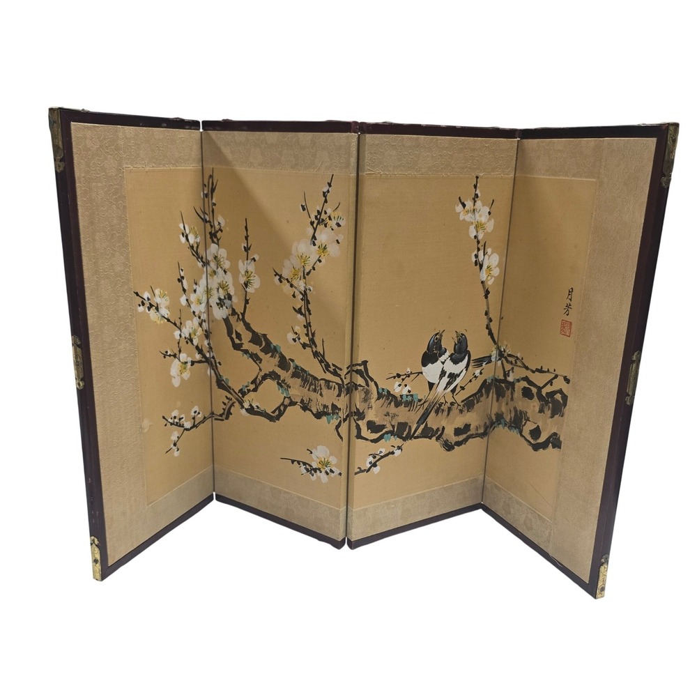 Vintage Asian 4 Panel Folding Tabletop Screen Bird Cherry Blossom Silk Art